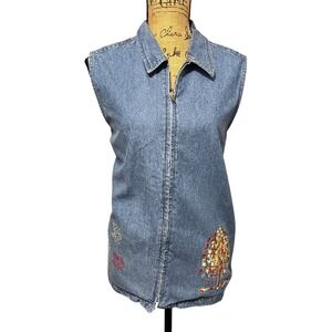 CC Hughes Denim Vest Embroidered Fall Leaves Tree 90s Jean Vest Womens 1X‎